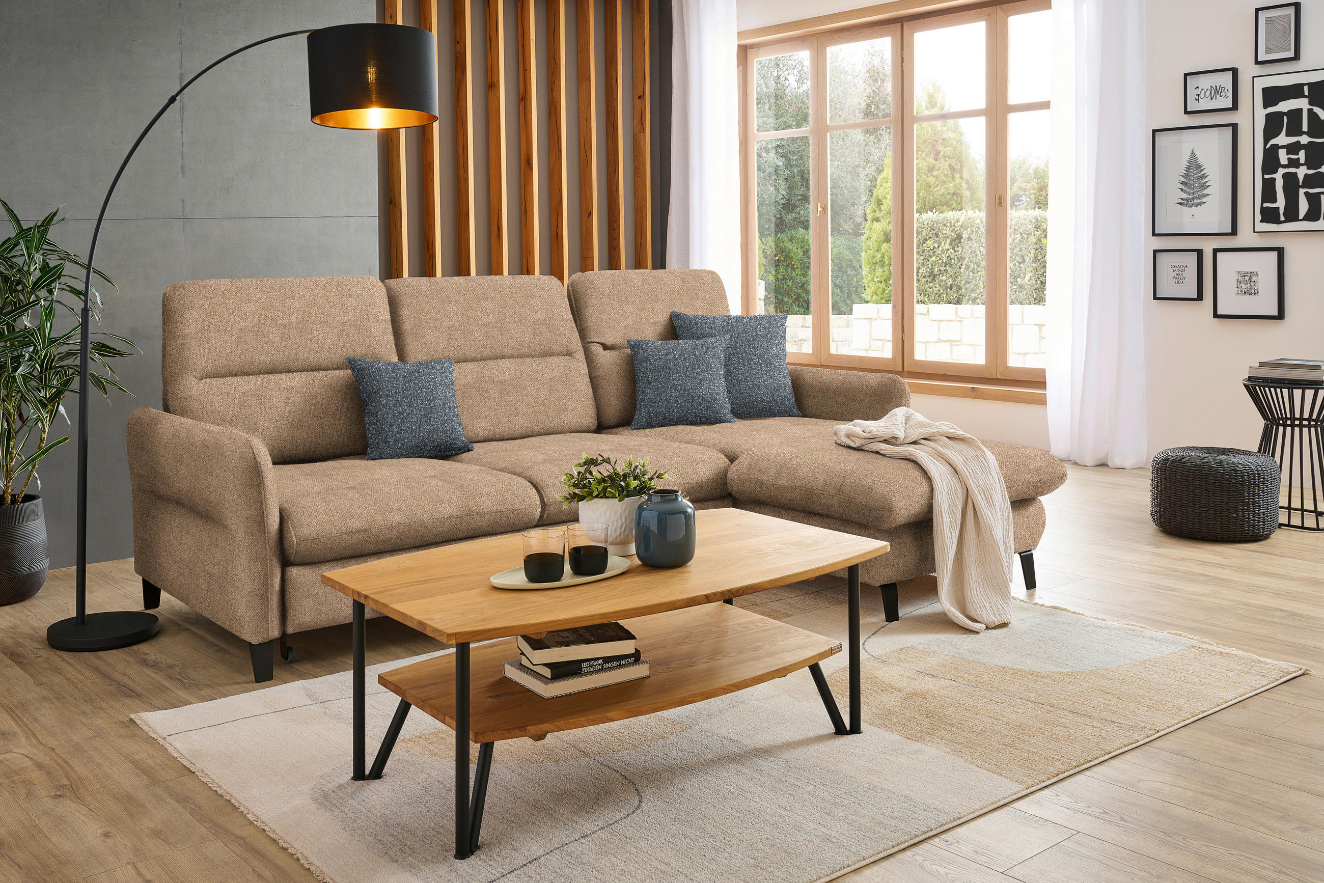 ECKSOFA in Plüsch Hellbraun  - Hellbraun/Schwarz, KONVENTIONELL, Textil/Metall (254/190cm) - Stylife