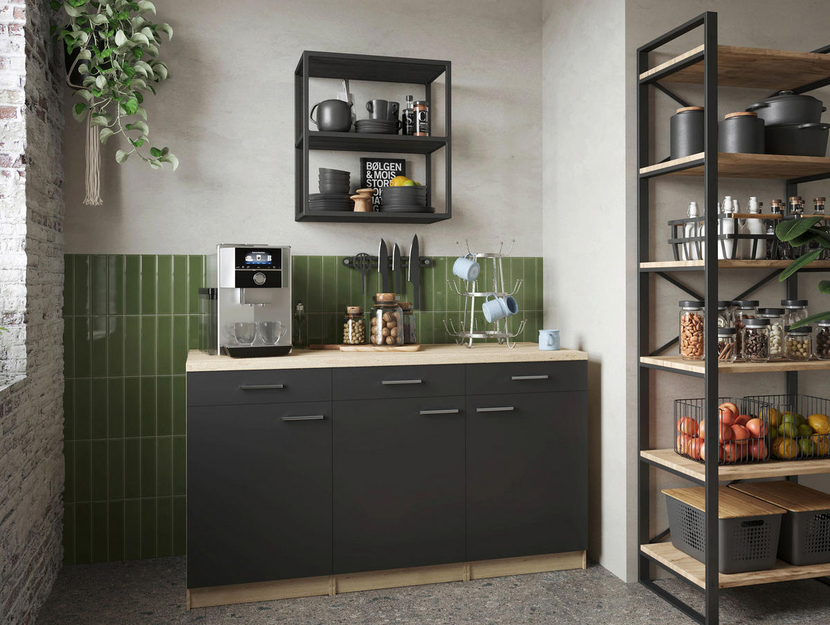 KÜCHENUNTERSCHRANK 150/85/60 cm  in Schwarz, Eichefarben  - Eichefarben/Silberfarben, Basics, Holzwerkstoff/Metall (150/85/60cm) - Respekta