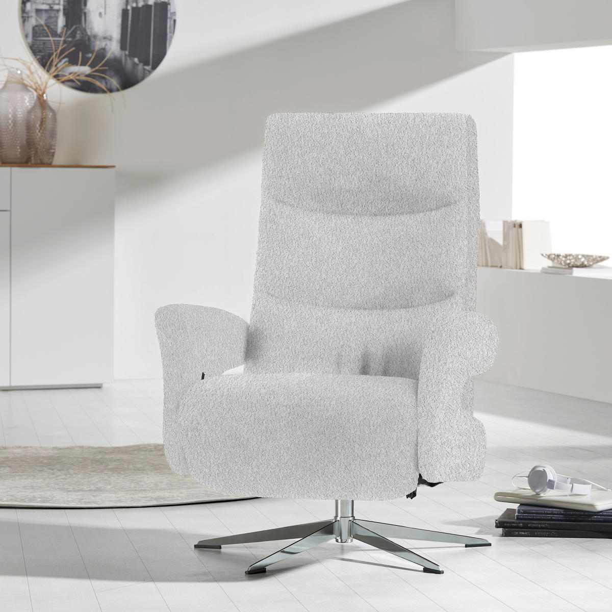 RELAXSESSEL Teddystoff Relaxfunktion, Fußteilverstellung    - Chromfarben/Hellgrau, Design, Textil/Metall (75/106/89cm) - Welnova