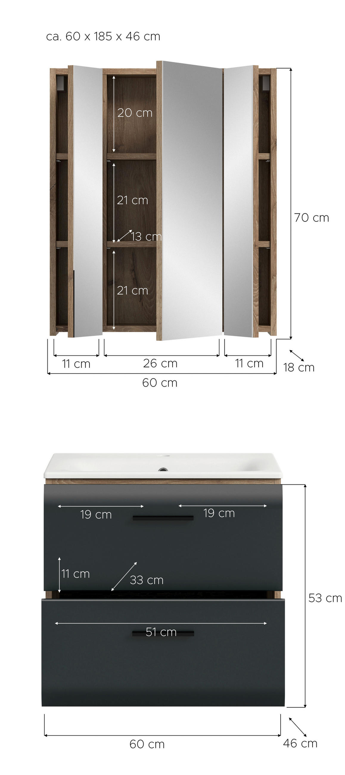 BADEZIMMER 2-teilig  in 60 cm  - Eiche dunkel/Schwarz, Basics, Keramik/Holzwerkstoff (60cm) - MID.YOU