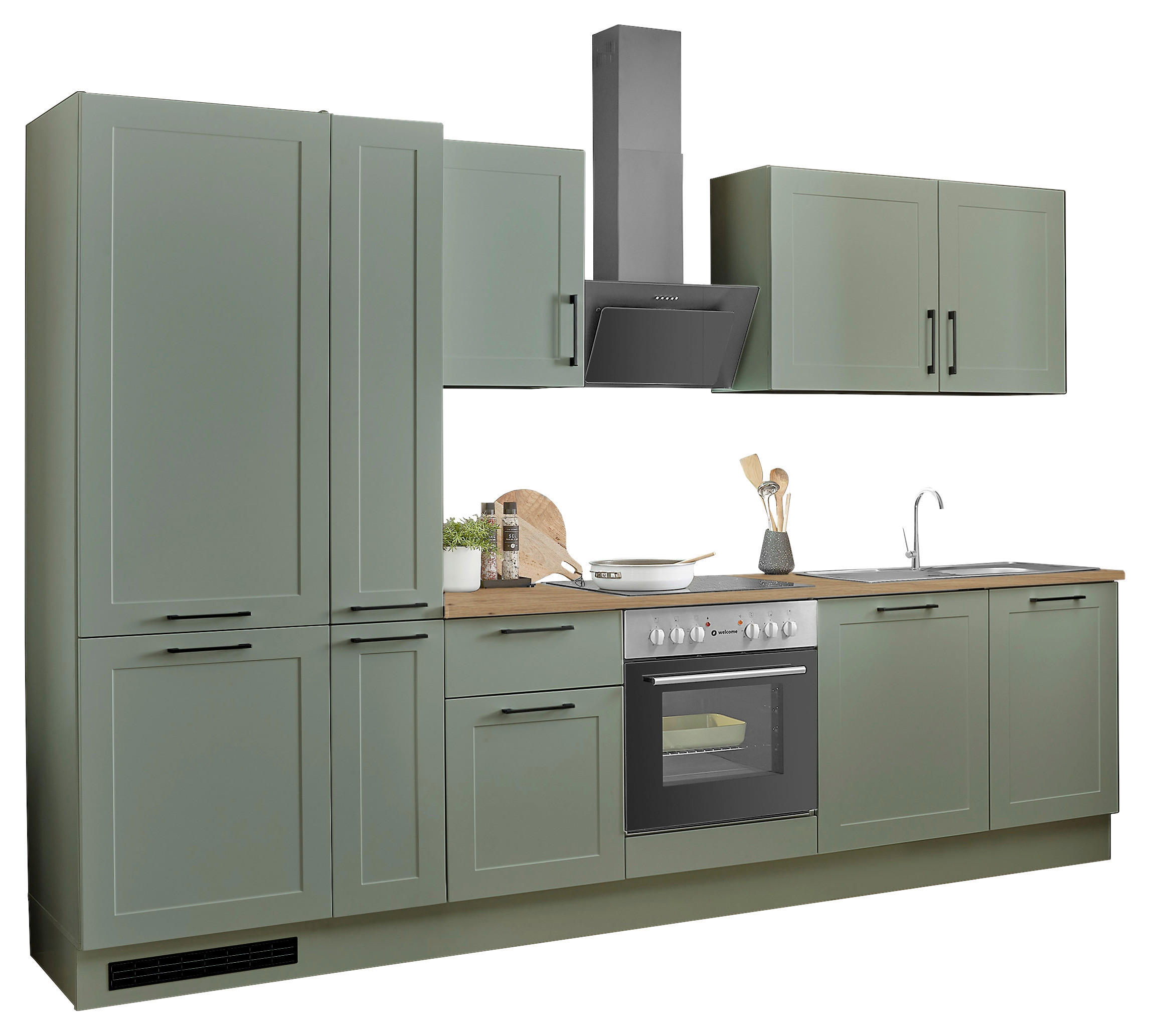 Thumbnail - Mid.you Küchenblock Marseille green2, Grün, Eiche Artisan, Metall, 2 Schublade(n),1 Schublade(n) Schubladen, 310 cm, höh...