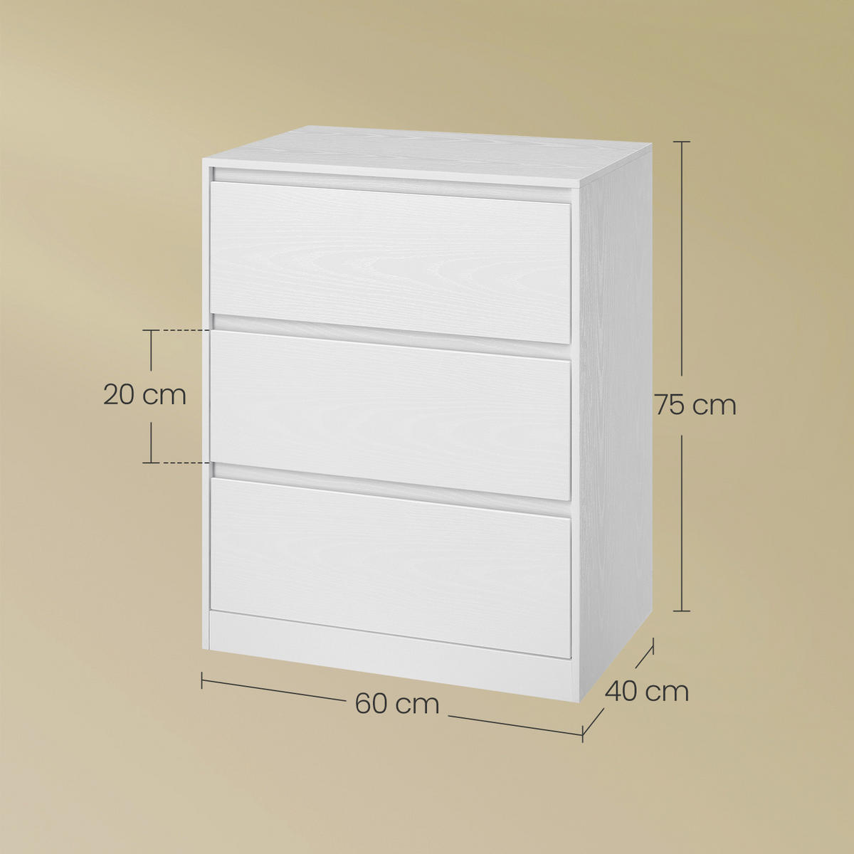 KOMMODE , 60/75/40 cm, 3 Schublade(n)  - Weiß, Trend, Holzwerkstoff (60/75/40cm) - Boxxx
