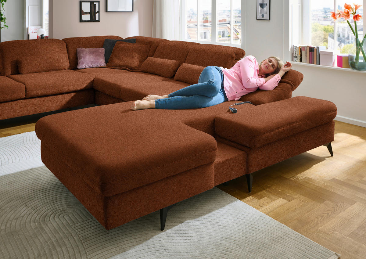 WOHNLANDSCHAFT Chenille Rostfarben  - Rostfarben/Schwarz, Design, Textil/Metall (255/364/198cm) - Beldomo Style