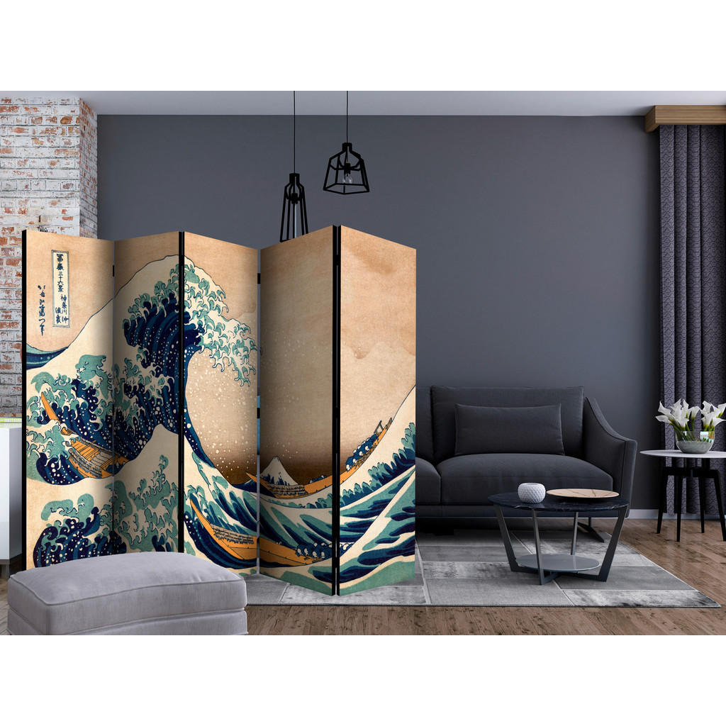 Thumbnail - artgeist Paravent, Dunkelgrün, Beige, Holz, Textil, Kiefer, massiv, Wellen, 225x172x3 cm, Motiv auf Vorderseite, Wohnzim...