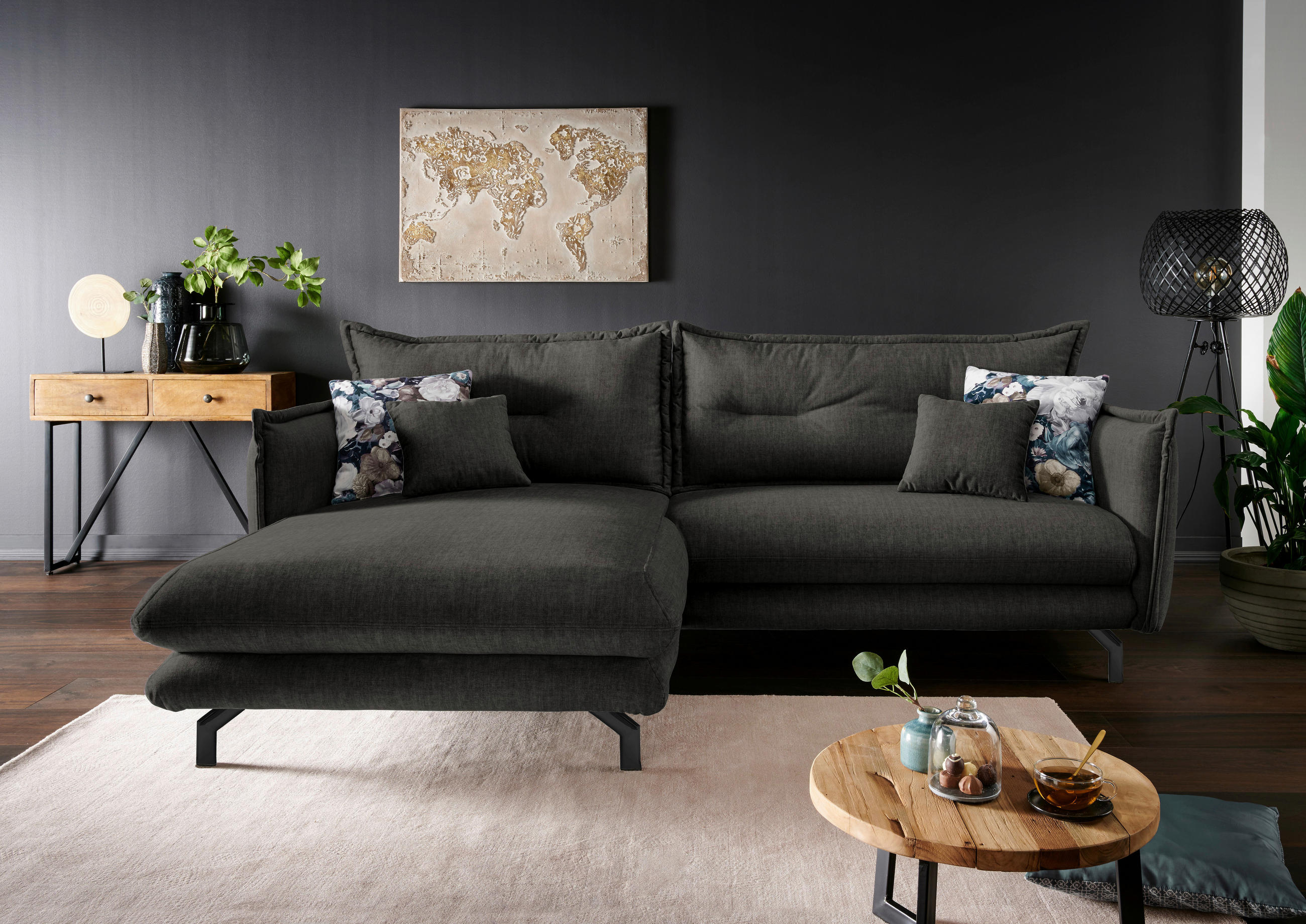 ECKSOFA in Velours Anthrazit  - Türkis/Anthrazit, Modern, Textil/Metall (180/255cm) - Livetastic