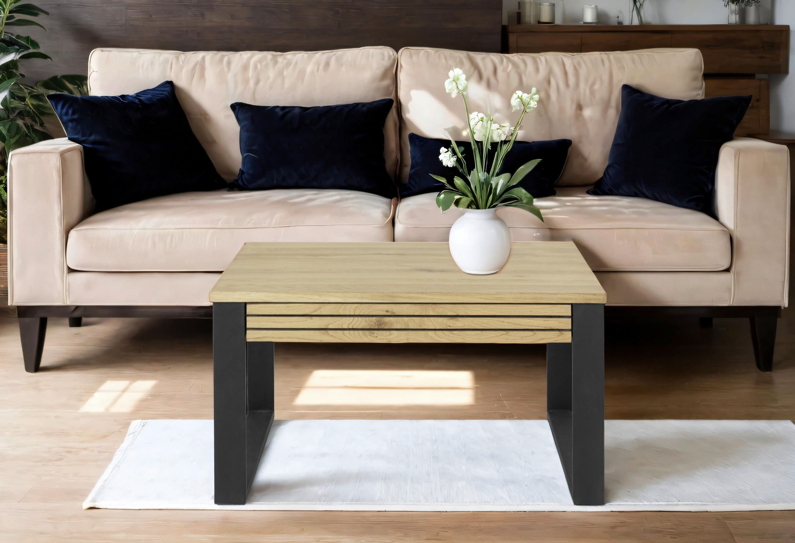 COUCHTISCH Eiche massiv 75/75/42 cm rechteckig Naturfarben, Schwarz  - Schwarz/Naturfarben, Design, Holz/Metall (75/75/42cm) - MID.YOU