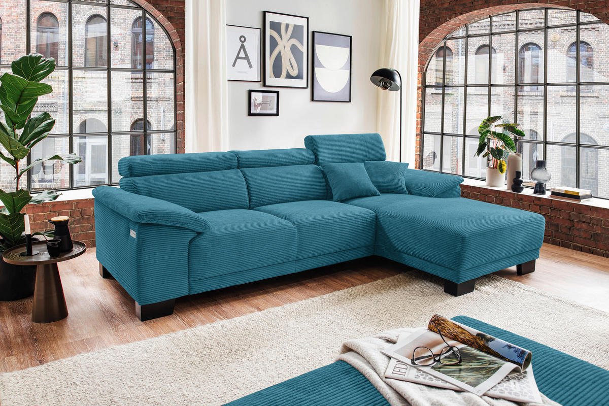 ECKSOFA in Cord Petrol  - Petrol/Schwarz, Design, Holz/Textil (270/174cm) - Pure Home Lifestyle