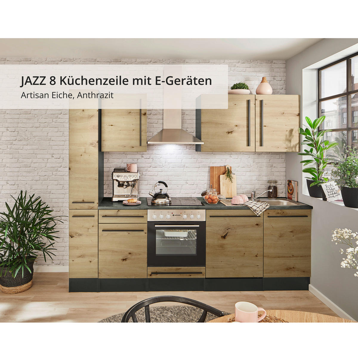 KÜCHENBLOCK   in Anthrazit, Eiche Artisan  - Anthrazit/Schwarz, LIFESTYLE, Holzwerkstoff/Kunststoff (250cm) - MID.YOU