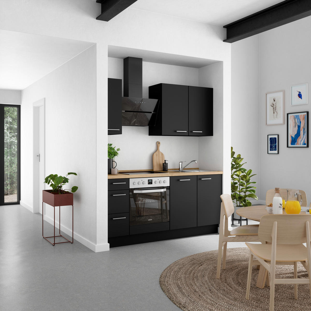 KÜCHENBLOCK 180 cm   in Schwarz, Eichefarben  - Edelstahlfarben/Eichefarben, MODERN, Holzwerkstoff/Metall (180cm) - Nobilia