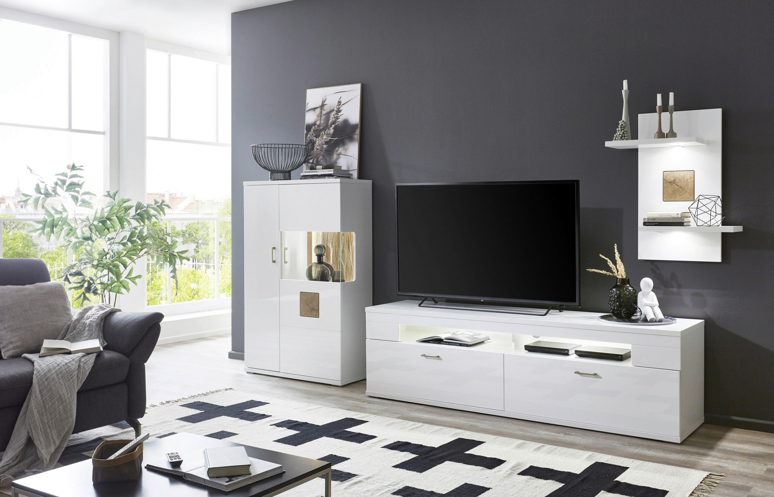 HIGHBOARD Weiss, Eichefarben, Weiss Hochglanz 90/141,4/37,4 cm - Weiss Hochglanz/Weiss, Design, Glas/Holzwerkstoff (90/141,4/37,4cm) - Xora