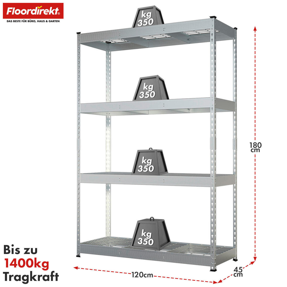 SCHWERLASTREGAL 120/180/45 cm  - Zinkfarben, Basics, Metall (120/180/45cm) - Floordirekt