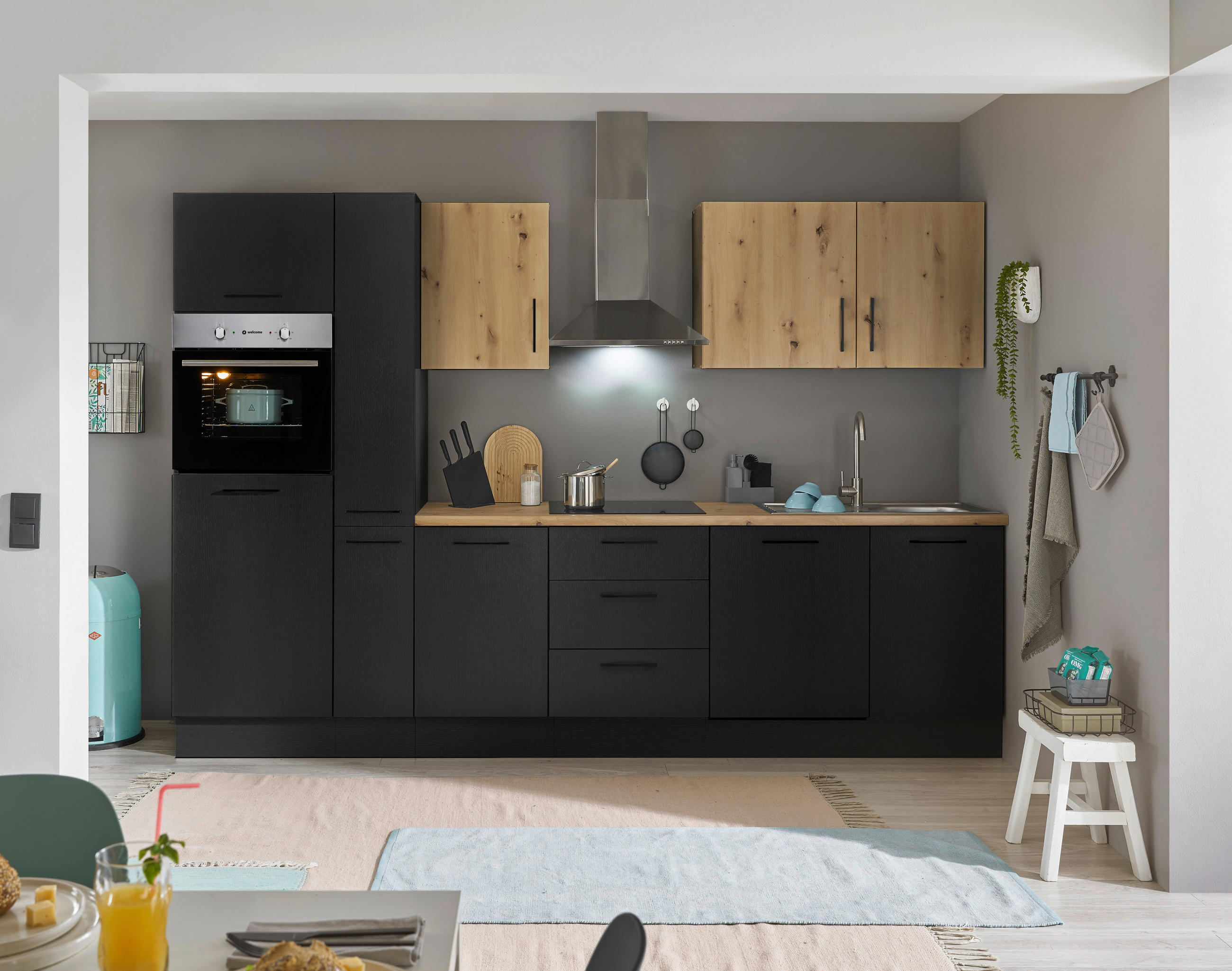 P & B Küchenblock Eiche Artisan, Schwarz 310 cm