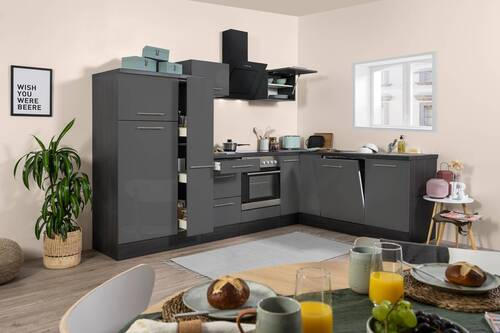 KÜCHENBLOCK Grau, Eichefarben E-Geräte, Spüle, Soft-Close-System, Geschirrspüler, Kühlgefrierkombination, Geschirrspülerblende, Dunstabzug, Ab- und Überlaufgarnitur - Edelstahlfarben/Eichefarben, Basics, Metall (290/200cm) - Respekta