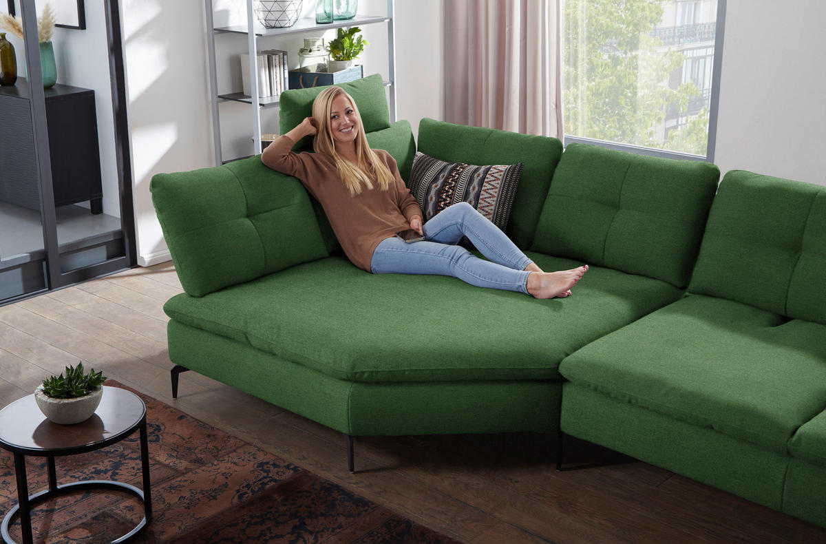 ECKSOFA in Flachgewebe Grün  157/344 cm  - Schwarz/Grün, Design, Textil/Metall (157/344cm) - Chilliano