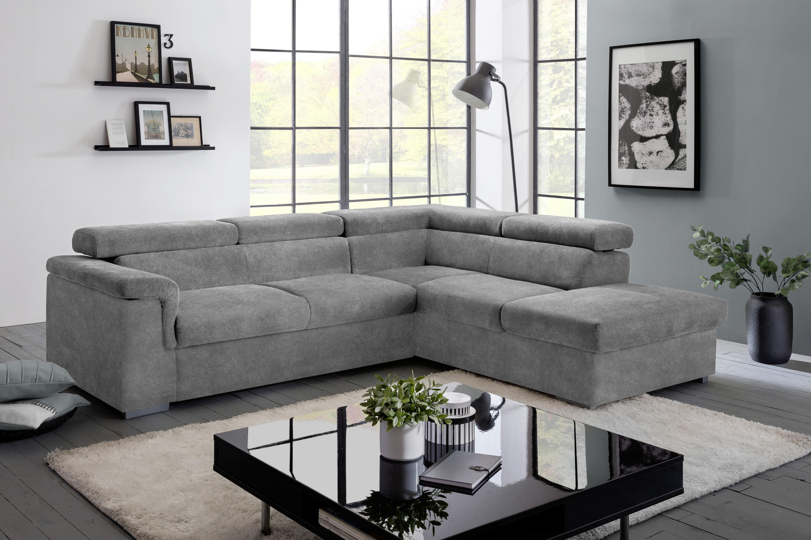 ECKSOFA Grau Flachgewebe  - Grau, Basics, Holz/Textil (252/217cm) - MID.YOU