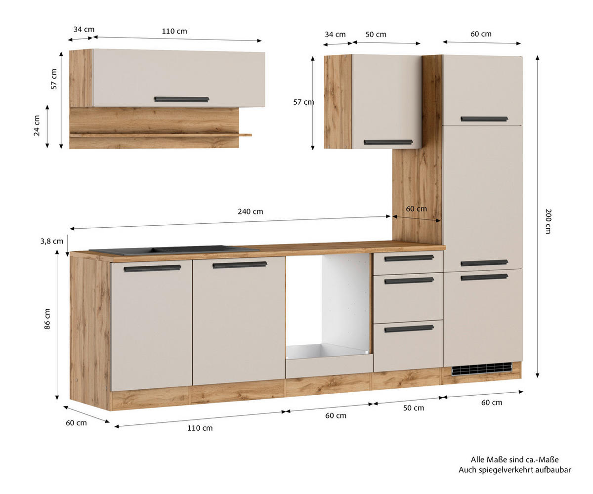 KÜCHENLEERBLOCK Aveiro 280 cm  in Kaschmir, Eiche Wotan  - Kaschmir/Eiche Wotan, Trend, Holzwerkstoff/Metall (280cm) - Held