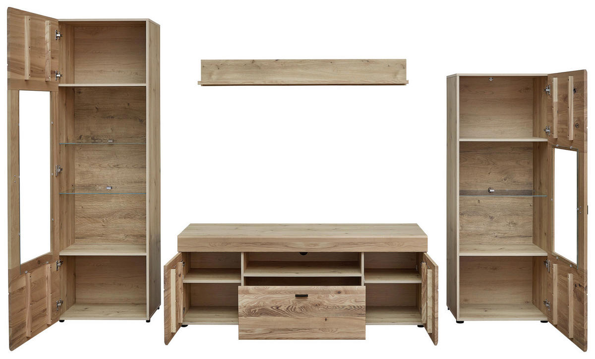 WOHNWAND  in Eschefarben, Eiche Artisan 305/194/49 cm  - Eschefarben/Schwarz, Design, Glas/Holz (305/194/49cm) - Linea Natura