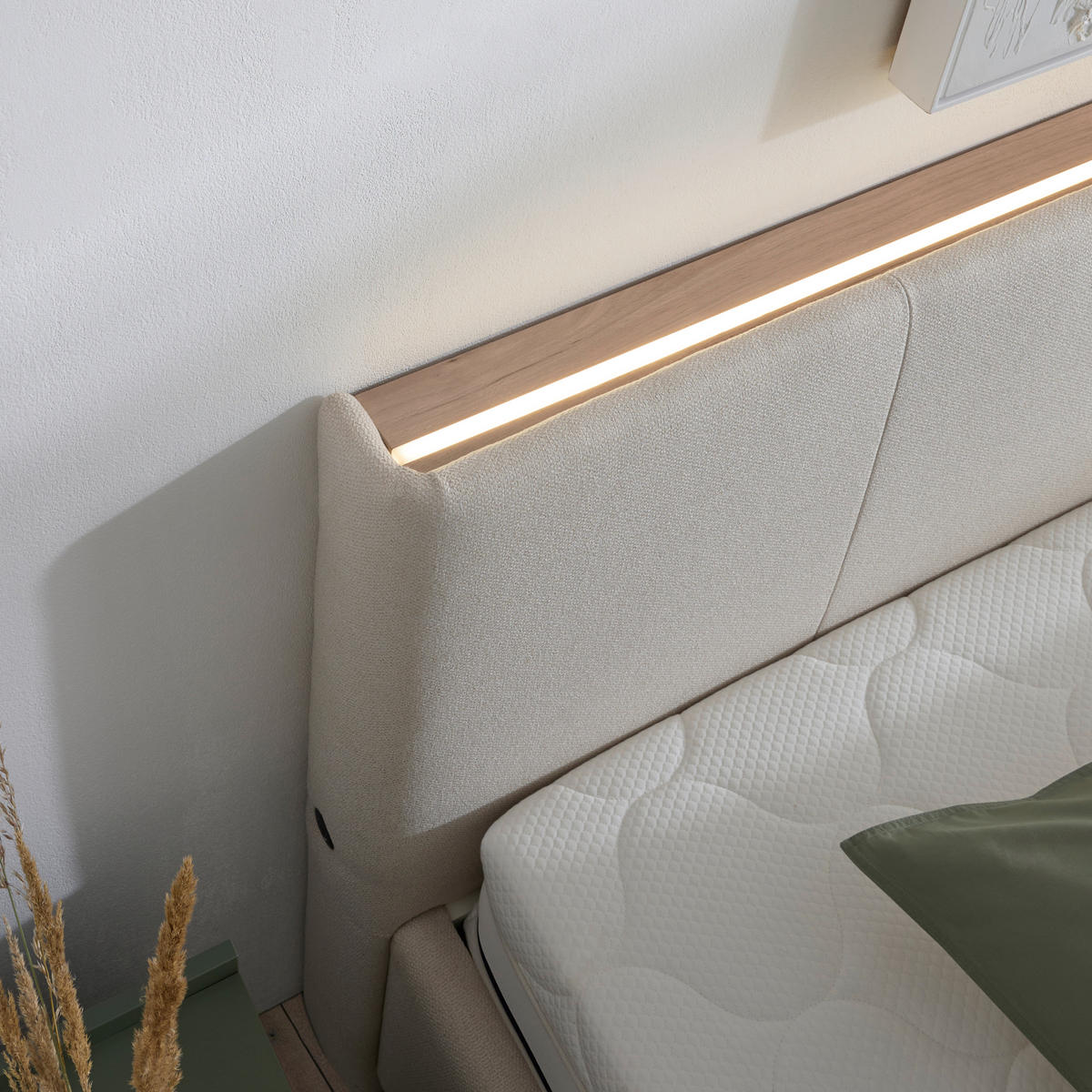 POLSTERBETT Beleuchtung, Lattenrost, Bettkasten Beige, Hickory 180/200 cm  - Birkefarben/Beige, Design, Holz/Holzwerkstoff (180/200cm) - Lomoco