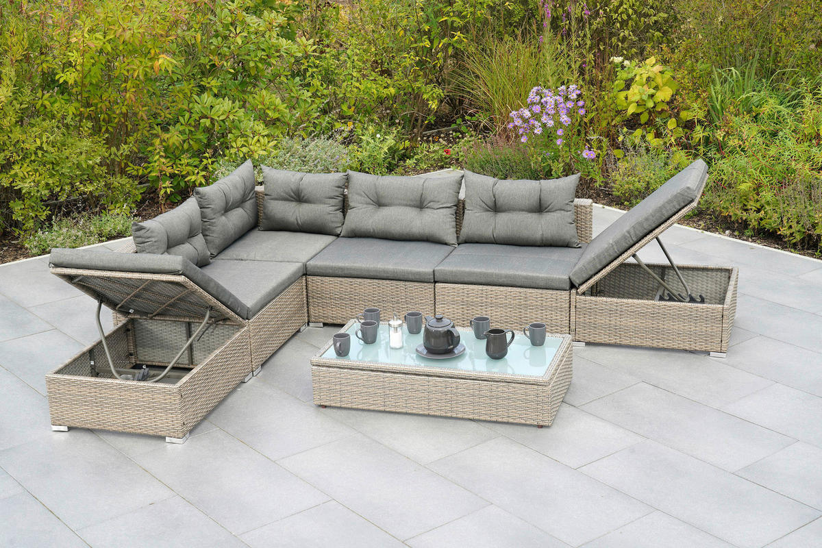 LOUNGEGARNITUR 7-teilig   Stahl  - Naturfarben/Grau, MODERN, Glas/Kunststoff - Gardenson