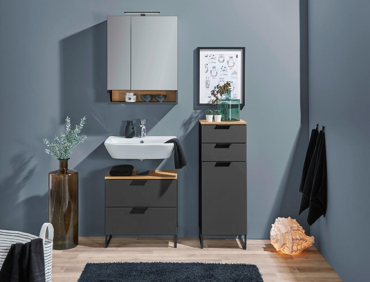 MIDISCHRANK 38/106/32 cm  - Eichefarben/Schwarz, KONVENTIONELL, Holzwerkstoff/Metall (38/106/32cm) - home24