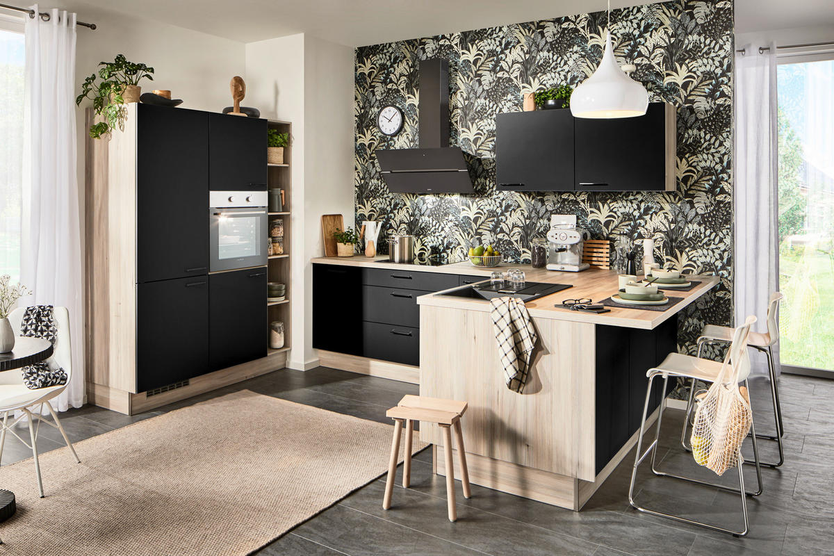 ECKKÜCHE  in Schwarz, Tannenholzfarben  - Tannenholzfarben/Schwarz, Design, Holzwerkstoff/Metall (150/280/121,6cm) - Xora
