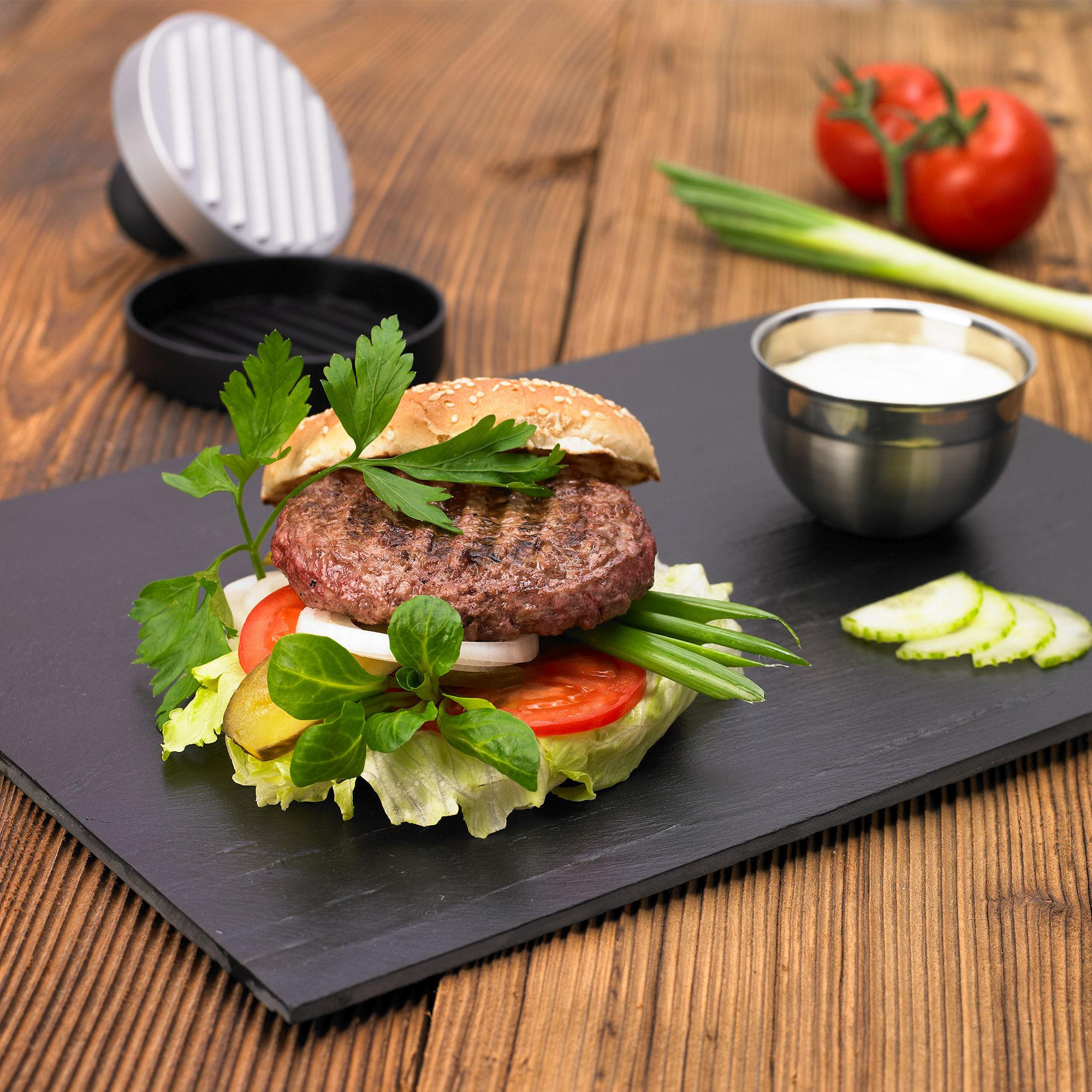 HAMBURGERPRESSE   - Edelstahlfarben/Schwarz, Trend, Kunststoff/Metall (11,5/8cm) - Rösle