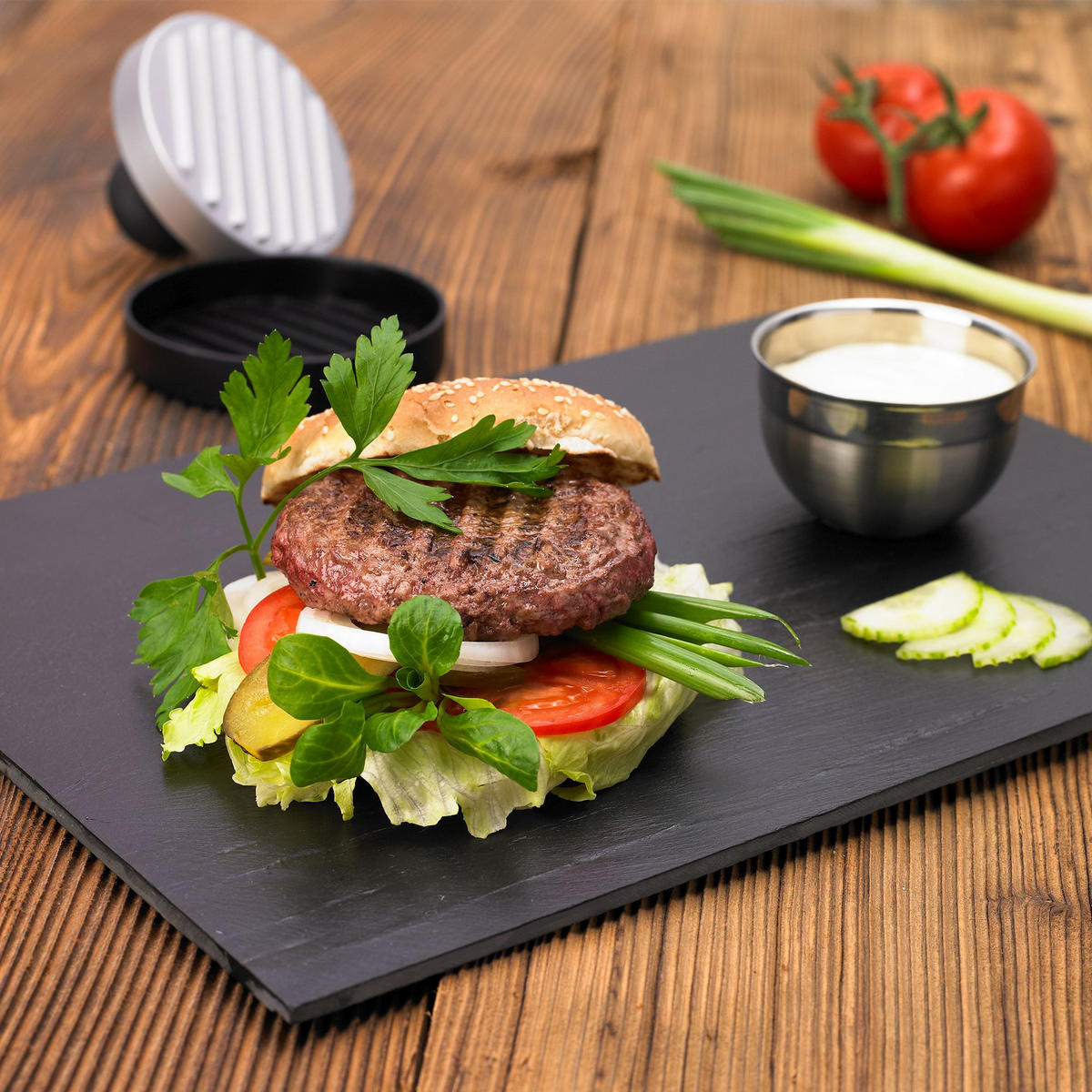 HAMBURGERPRESSE   - Edelstahlfarben/Schwarz, Trend, Kunststoff/Metall (11,5/8cm) - Rösle