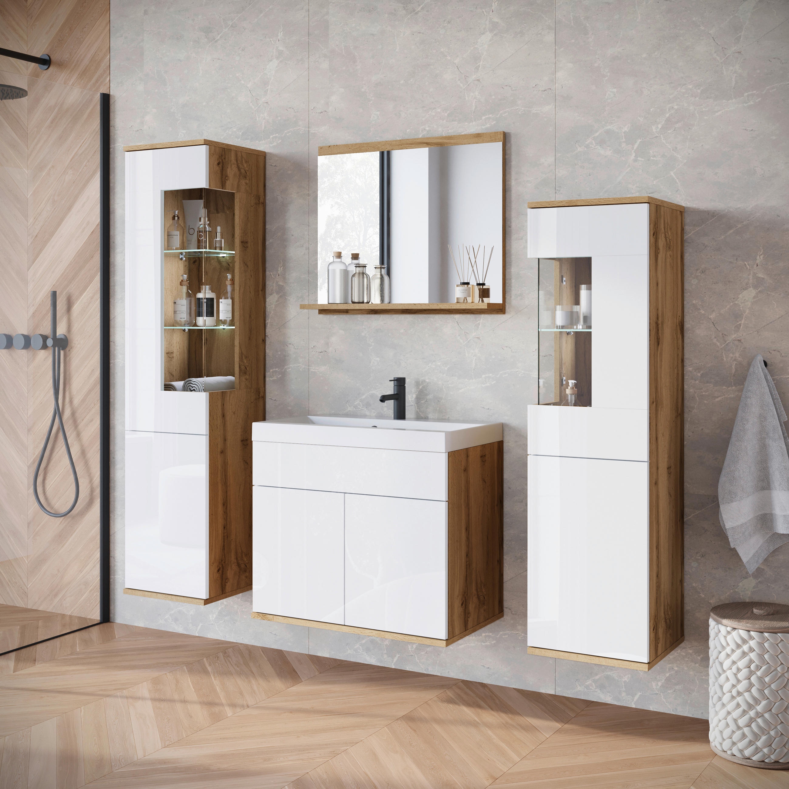 BADEZIMMER 5-teilig  in 120,4 cm  - Weiss Hochglanz/Weiss, Trend, Glas/Keramik (120,4cm) - P & B