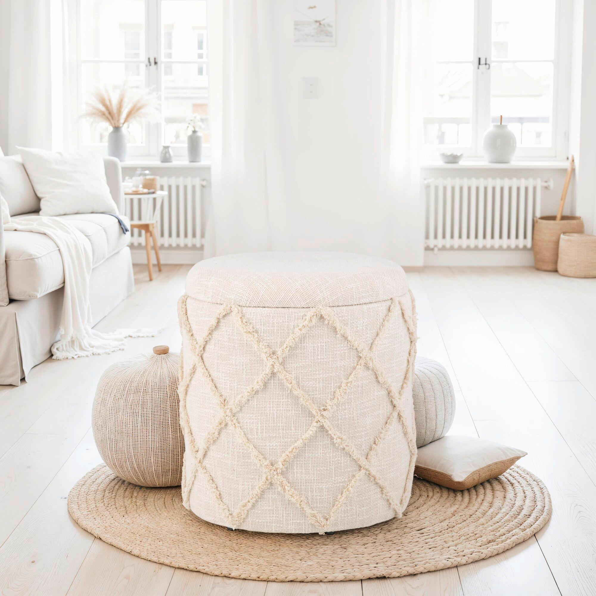 Taburet din textil, crem