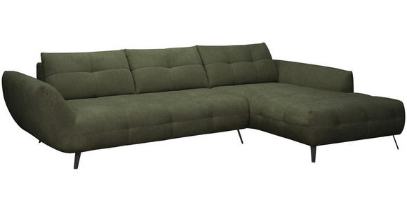 ECKSOFA Dunkelgrün Chenille Armlehnenkissen, Rücken echt, Sitztiefenverstellung  - Dunkelgrün/Schwarz, KONVENTIONELL, Textil/Metall (313/215cm) - Hom`in
