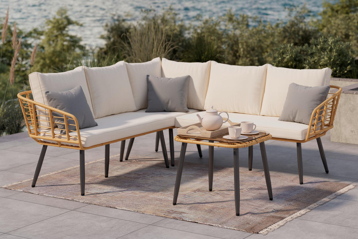 LOUNGEGARNITUR 4-teilig   187/67/187 cm Eisen  - Beige/Naturfarben, MODERN, Glas/Kunststoff (187/67/187cm) - Ambia Garden