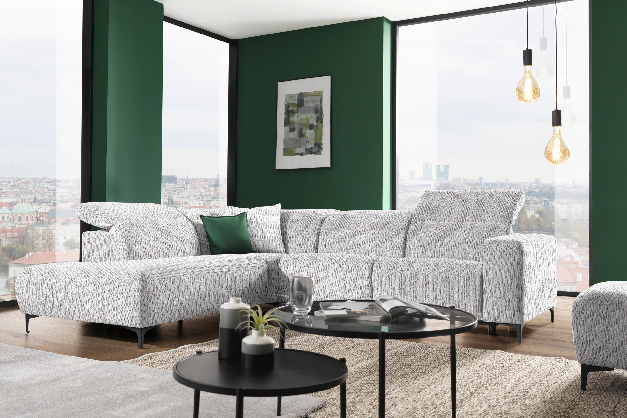 ECKSOFA Hellgrau Flachgewebe  - Hellgrau/Schwarz, Design, Textil/Metall (238/290cm) - Pure Home Lifestyle