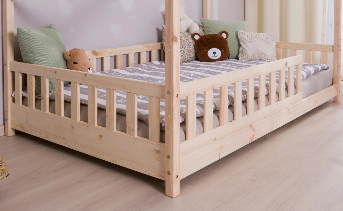 HAUSBETT 100/200 cm,  in Naturfarben, Absturzsicherung, Matratze, Rollrost, Bettkasten  - Naturfarben, MODERN, Holz/Textil (100/200cm) - MID.YOU