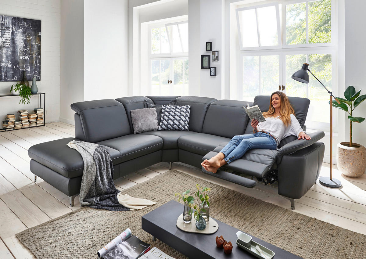ECKSOFA Anthrazit Echtleder  - Chromfarben/Anthrazit, KONVENTIONELL, Leder/Metall (242/289cm) - Cantus