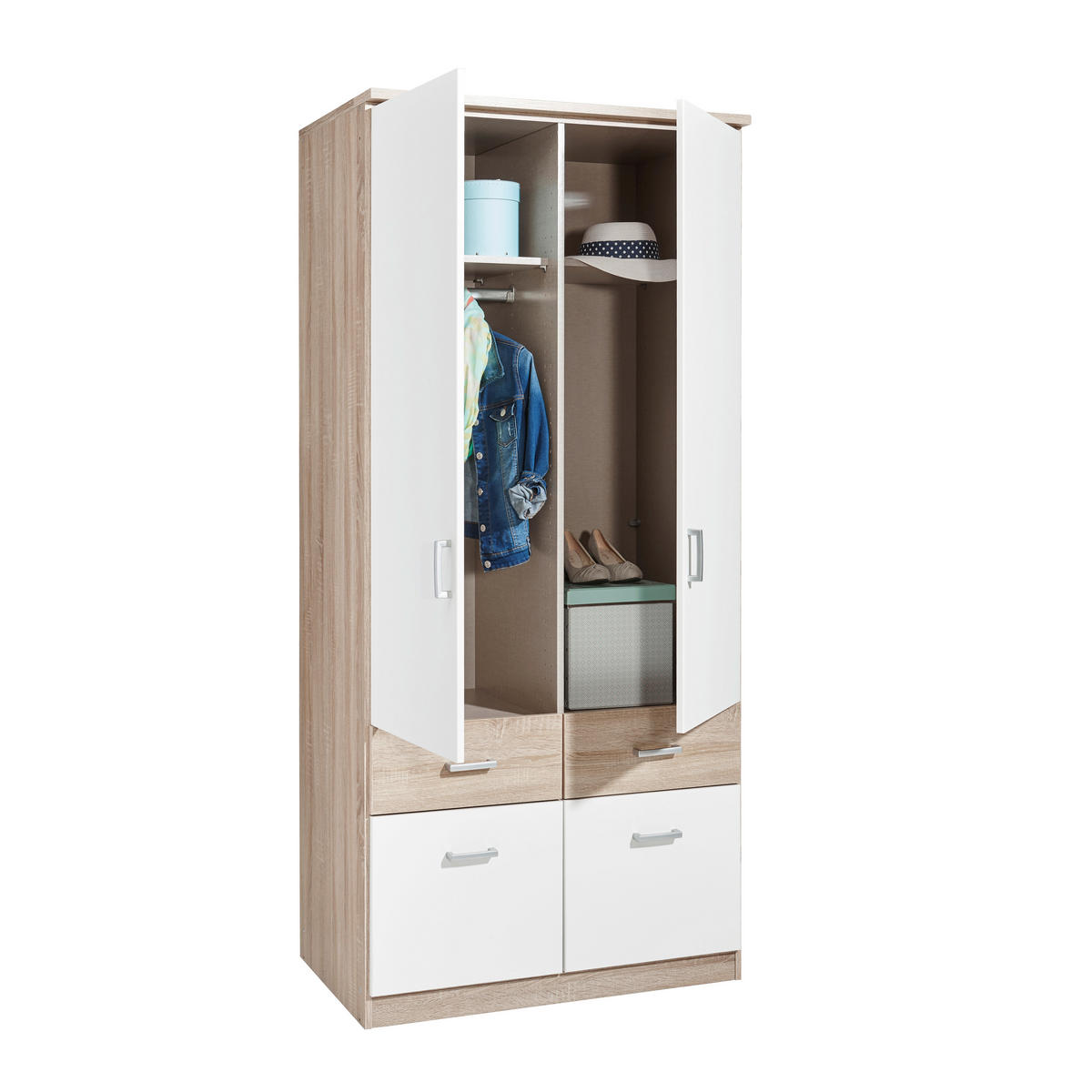 RUHÁSSZEKRÉNY fehér, Sonoma tölgy  - Sonoma tölgy/alumíniumszínű, Design, műanyag/faalapú anyag (91/199/56cm) - Boxxx