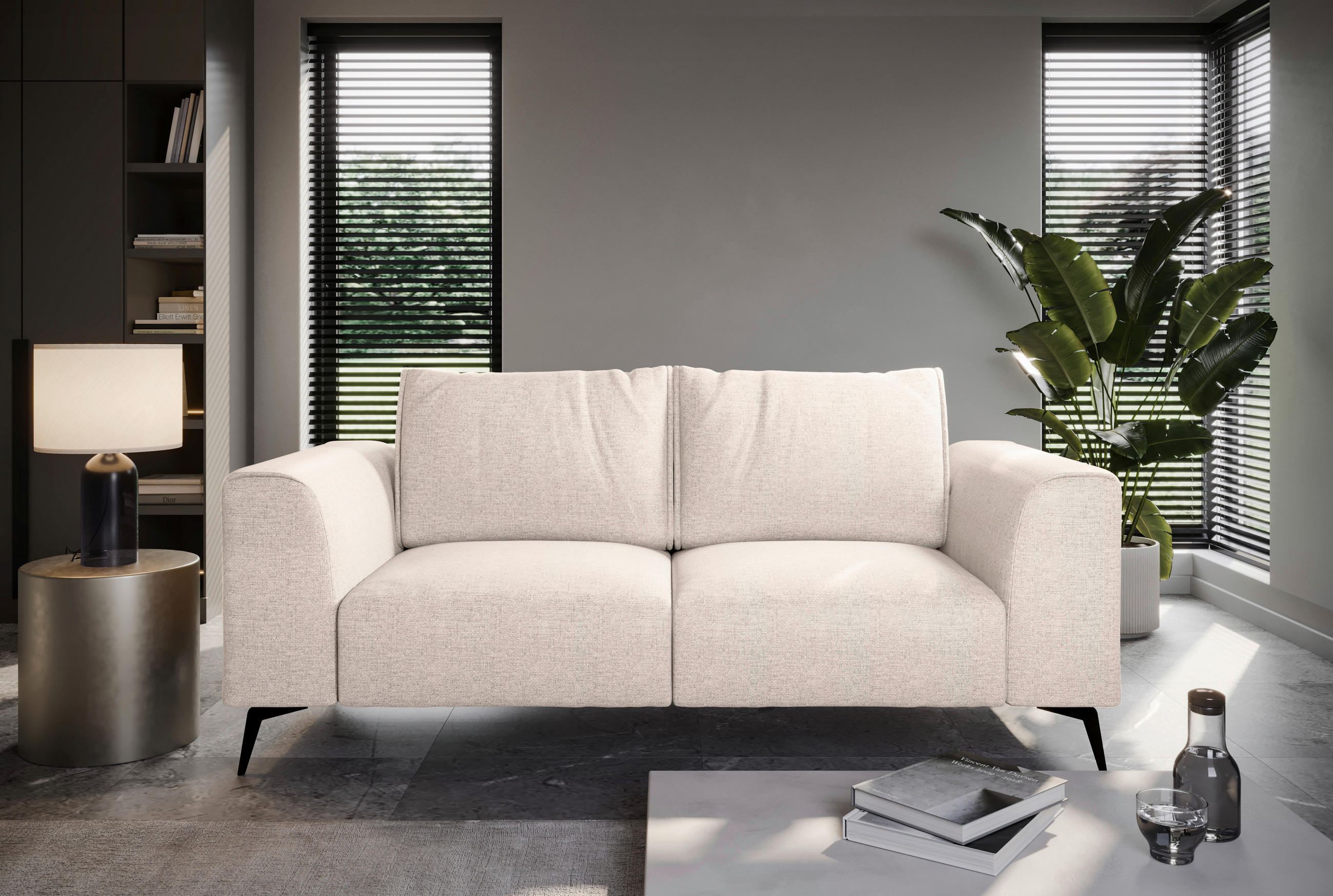 2-SITZER-SOFA in beflockt Creme  - Creme/Schwarz, Design, Holz/Textil (186/88/90cm) - MID.YOU