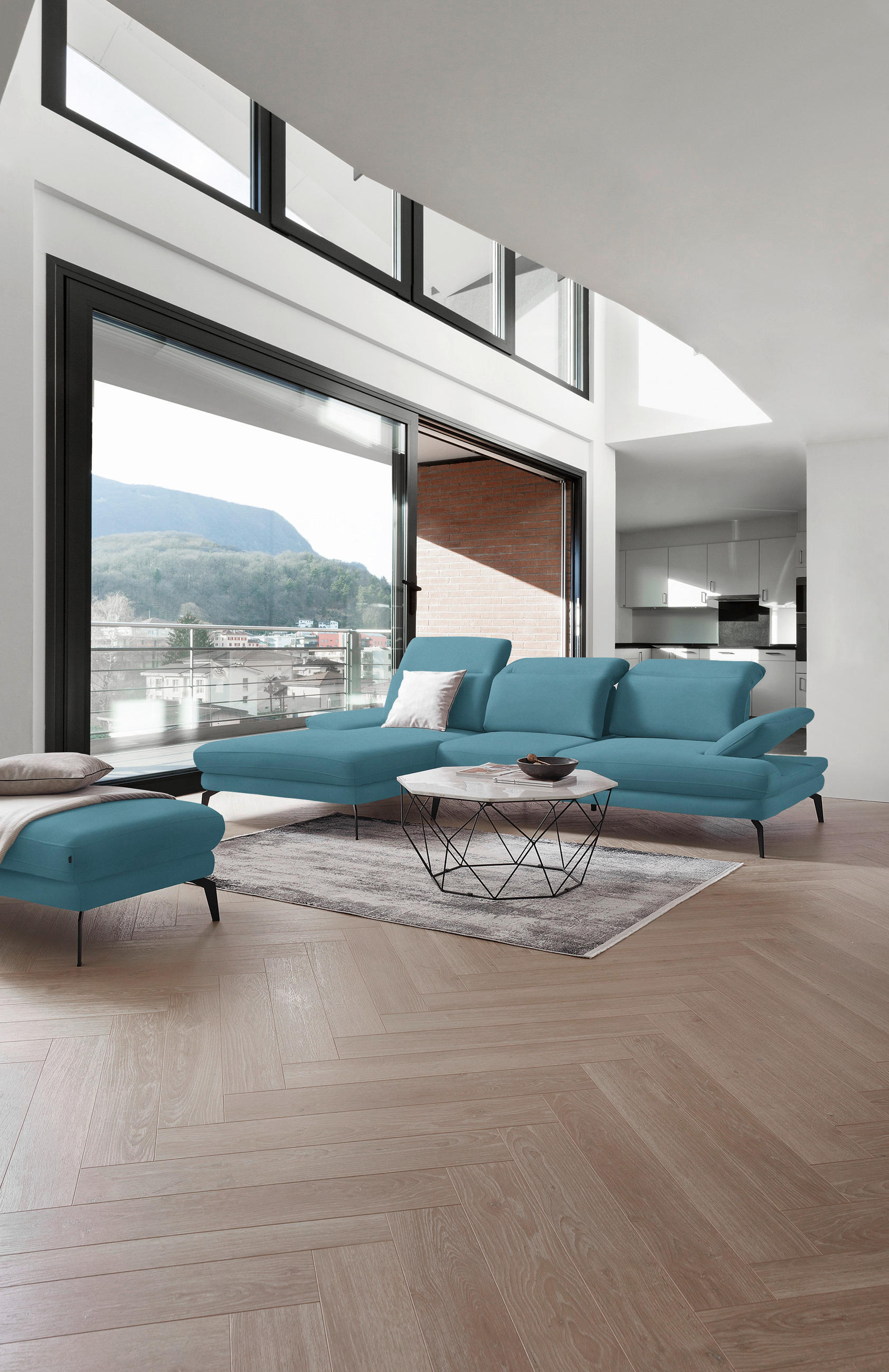 ECKSOFA in Flachgewebe Blau  - Blau/Schwarz, Design, Textil/Metall (180/289cm) - Stylife