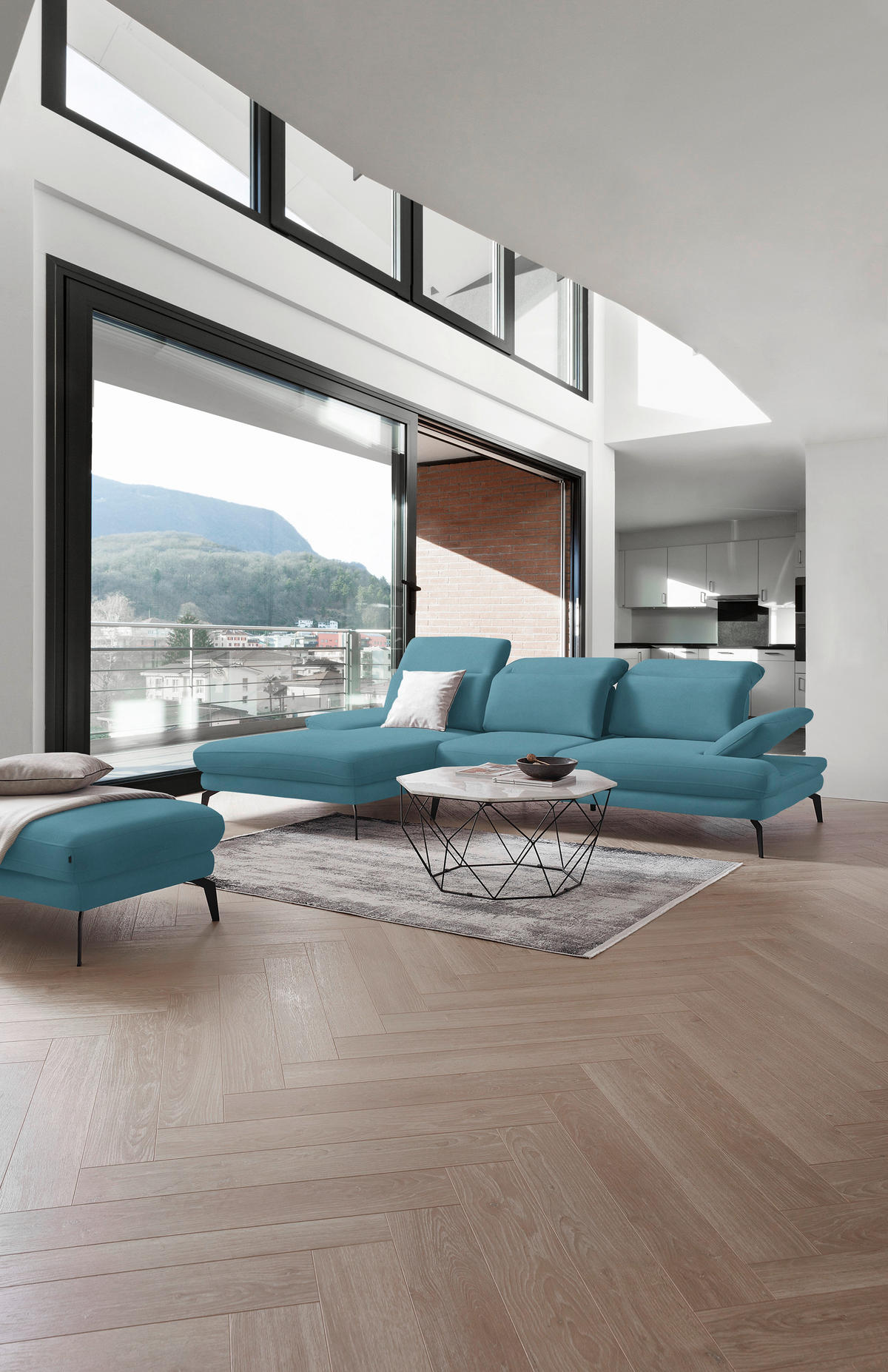 ECKSOFA in Flachgewebe Blau  - Blau/Schwarz, Design, Textil/Metall (180/289cm) - Stylife