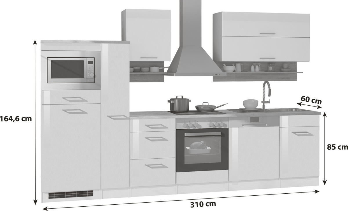 KÜCHENBLOCK 310 cm   in Anthrazit, Eichefarben, Anthrazit Hochglanz  - Chromfarben/Eichefarben, MODERN, Holzwerkstoff/Metall (310cm) - Held