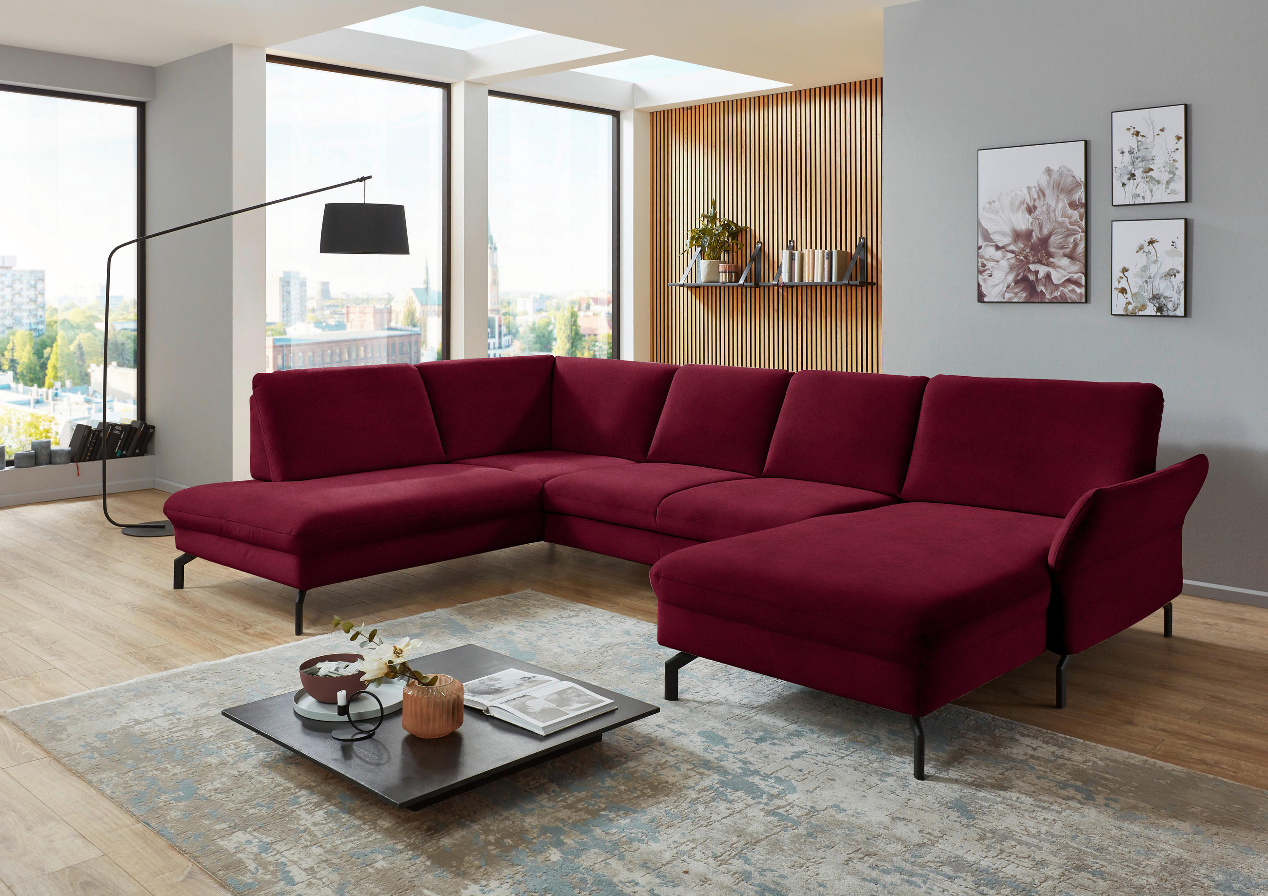 WOHNLANDSCHAFT in Velours Rot, Beere  - Beere/Rot, Design, Textil/Metall (220/335/179cm) - Beldomo System