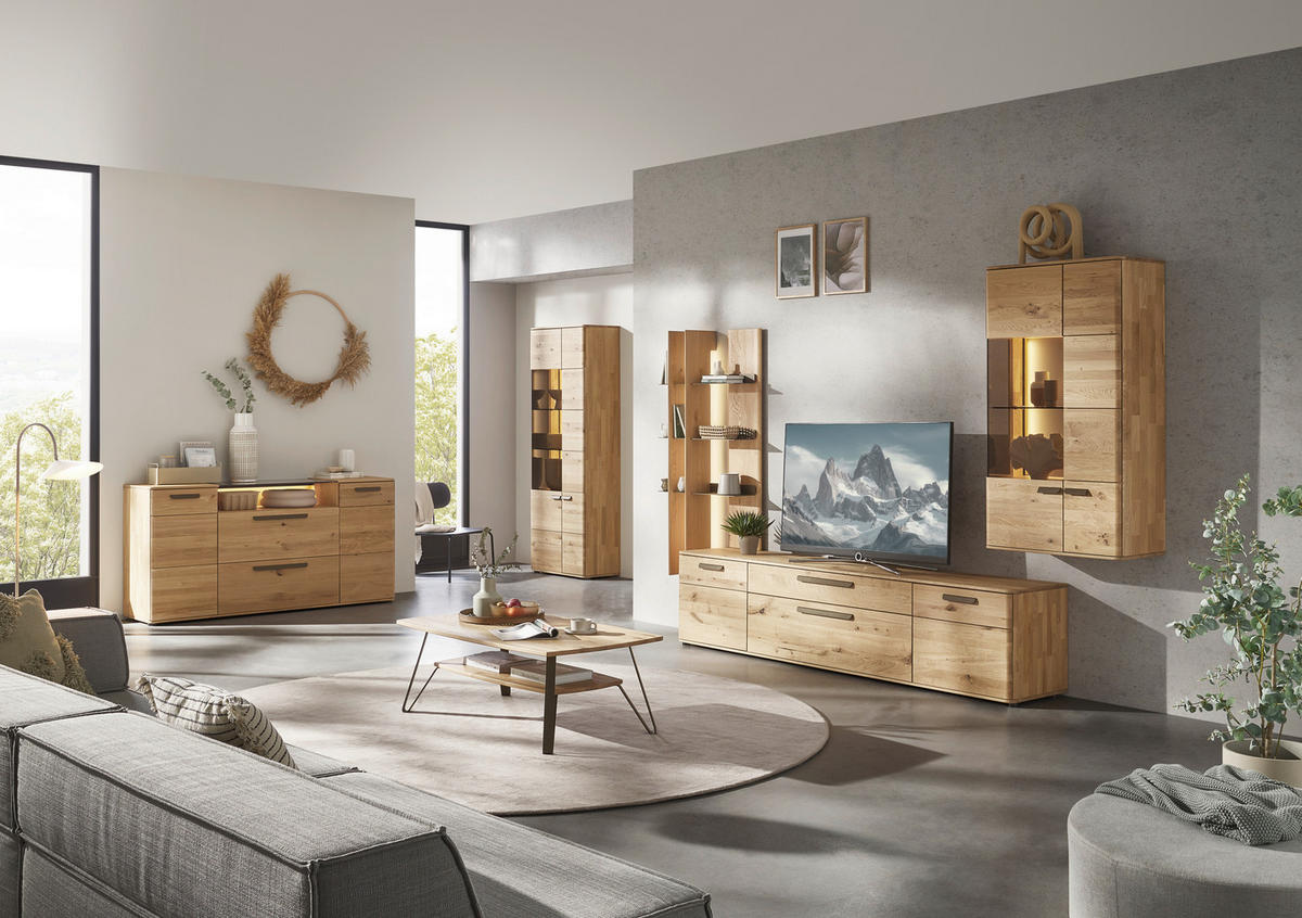 WOHNWAND  in Bronzefarben, Wildeiche  340,1/214/45,2 cm  - Wildeiche/Schwarz, Natur, Glas/Holz (340,1/214/45,2cm) - Valnatura