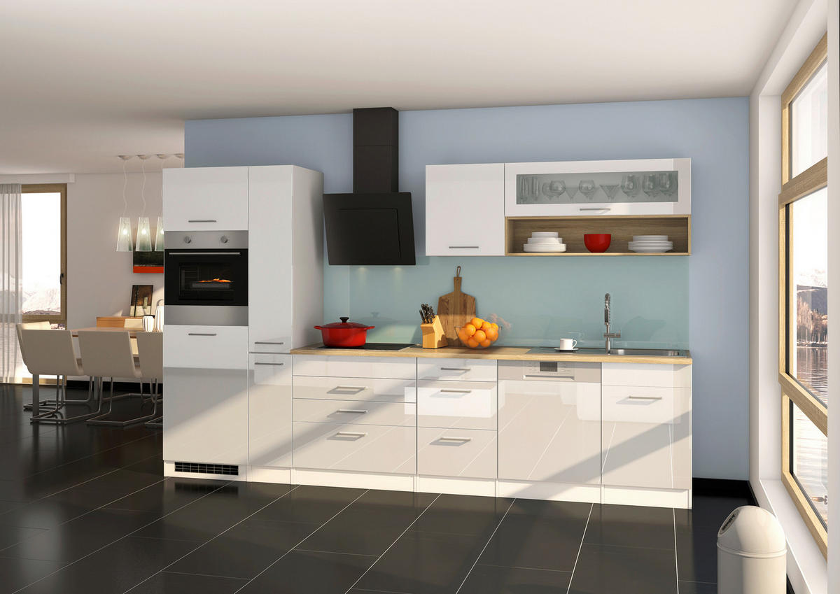 KÜCHENLEERBLOCK 330 cm   in Weiß Hochglanz  - Weiß Hochglanz/Silberfarben, MODERN, Holzwerkstoff/Metall (330cm) - Held