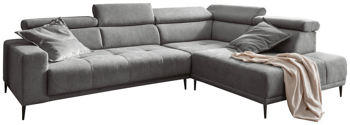 ECKSOFA INTERA Dunkelgrau Struktur Kopfteilverstellung, Sitzvorzug  - Dunkelgrau/Schwarz, KONVENTIONELL, Textil/Metall (305/225cm) - Livetastic