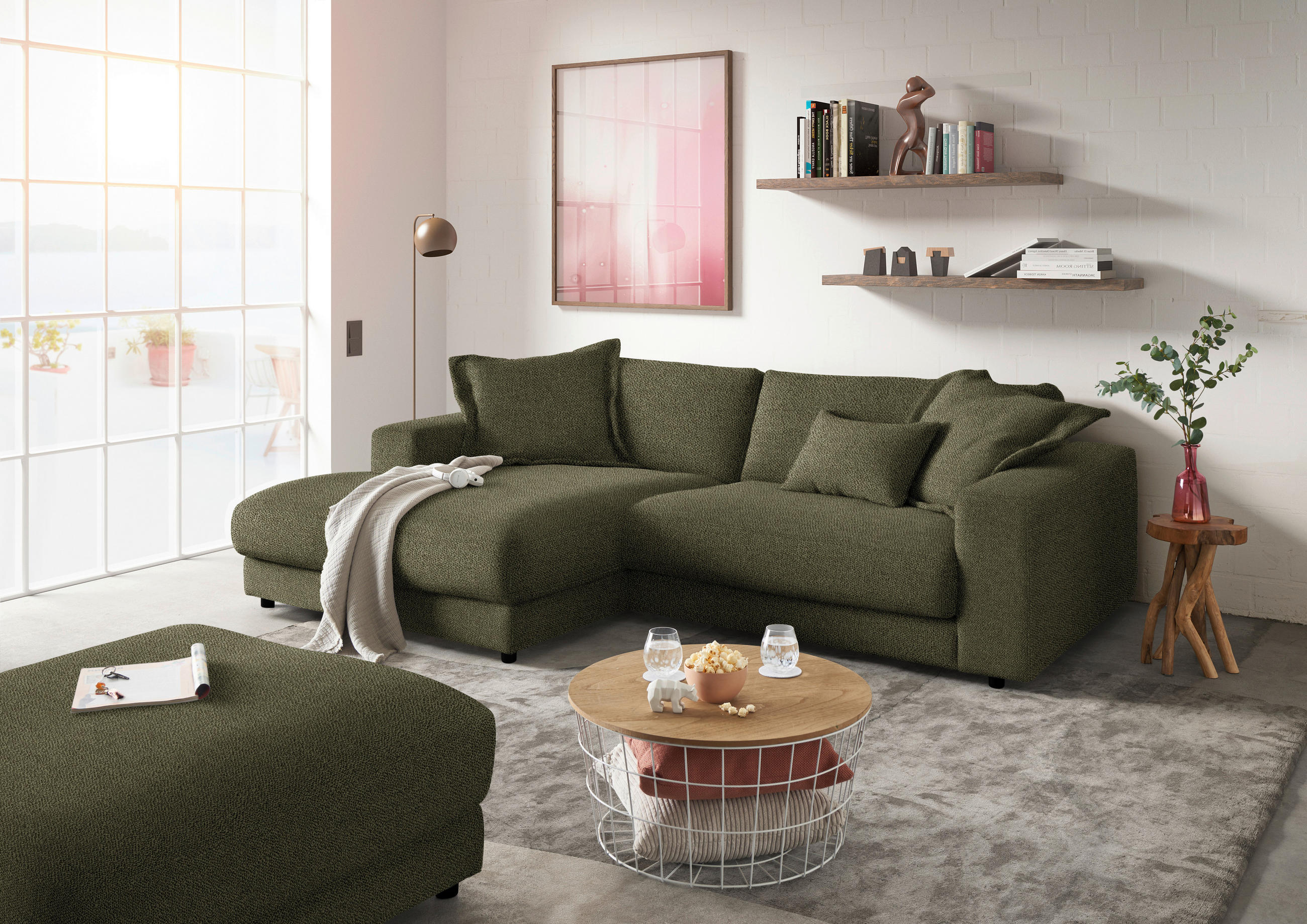 ECKSOFA in Flachgewebe Olivgrün  - Schwarz/Olivgrün, Design, Kunststoff/Textil (190/270cm) - Lomoco