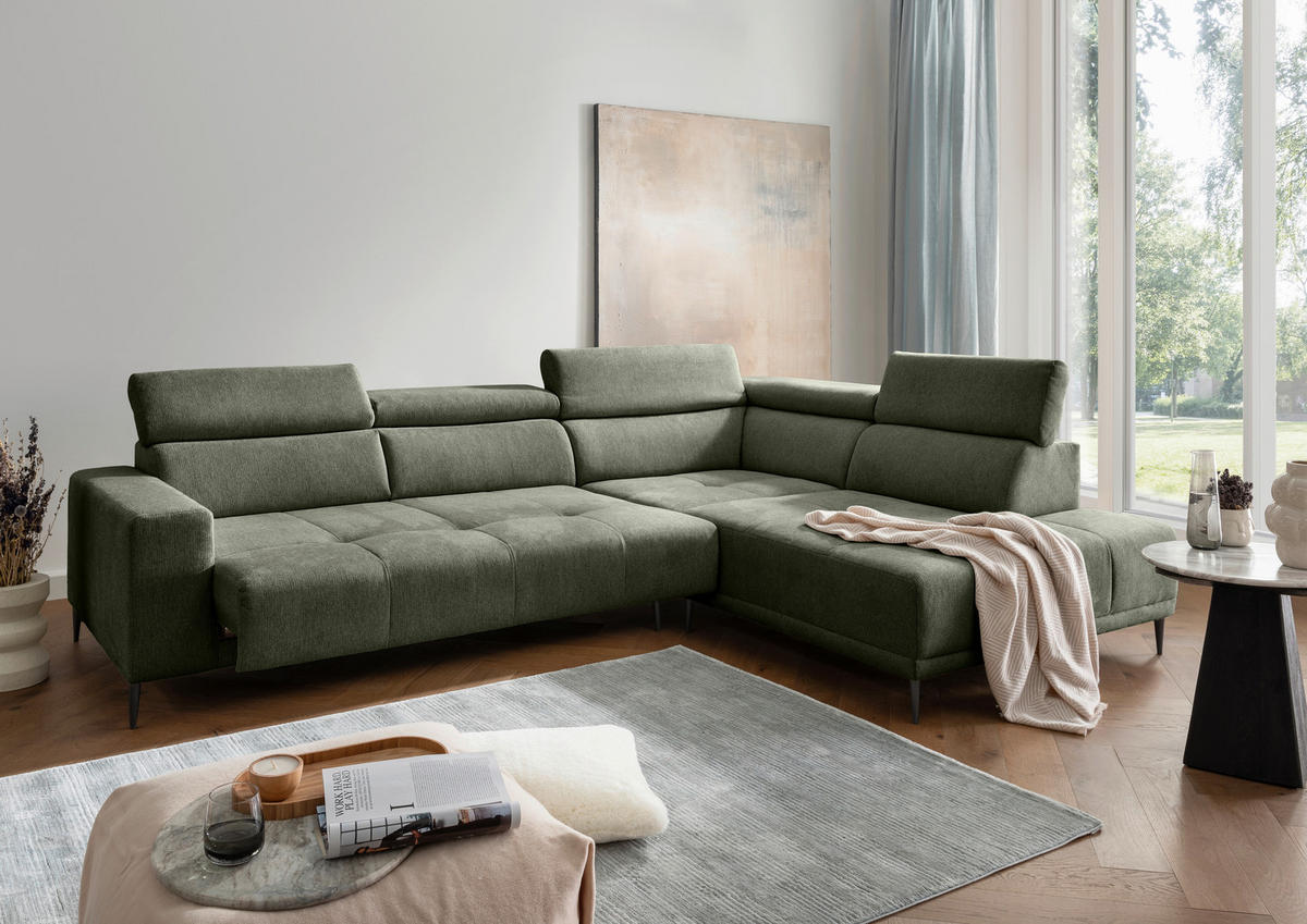 ECKSOFA Chenille Dunkelgrün  - Dunkelgrün/Schwarz, Konventionell, Textil/Metall (305/225cm) - Livetastic