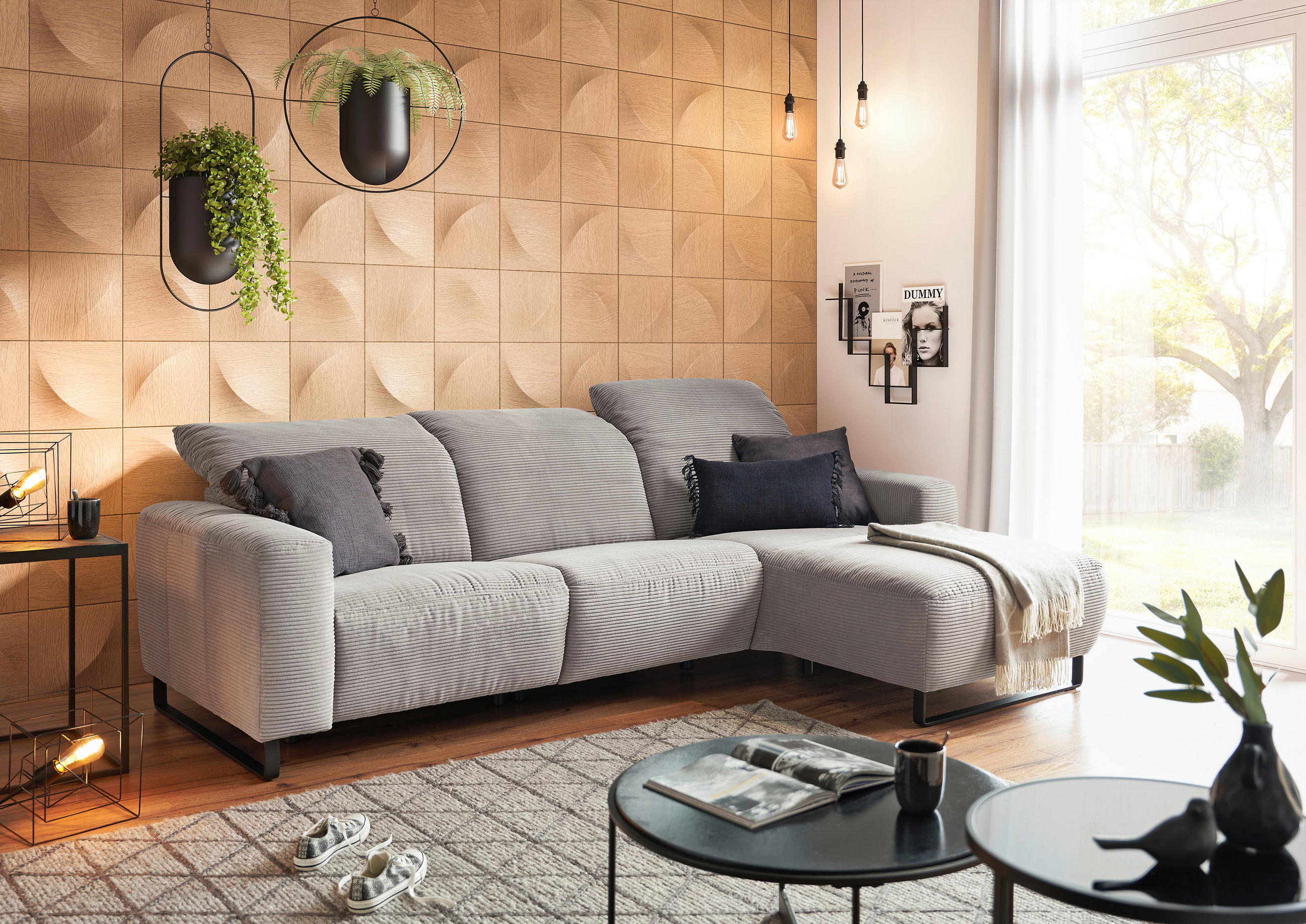 ECKSOFA in Cord Grau  - Schwarz/Grau, Konventionell, Textil/Metall (266/180cm) - Hom`in