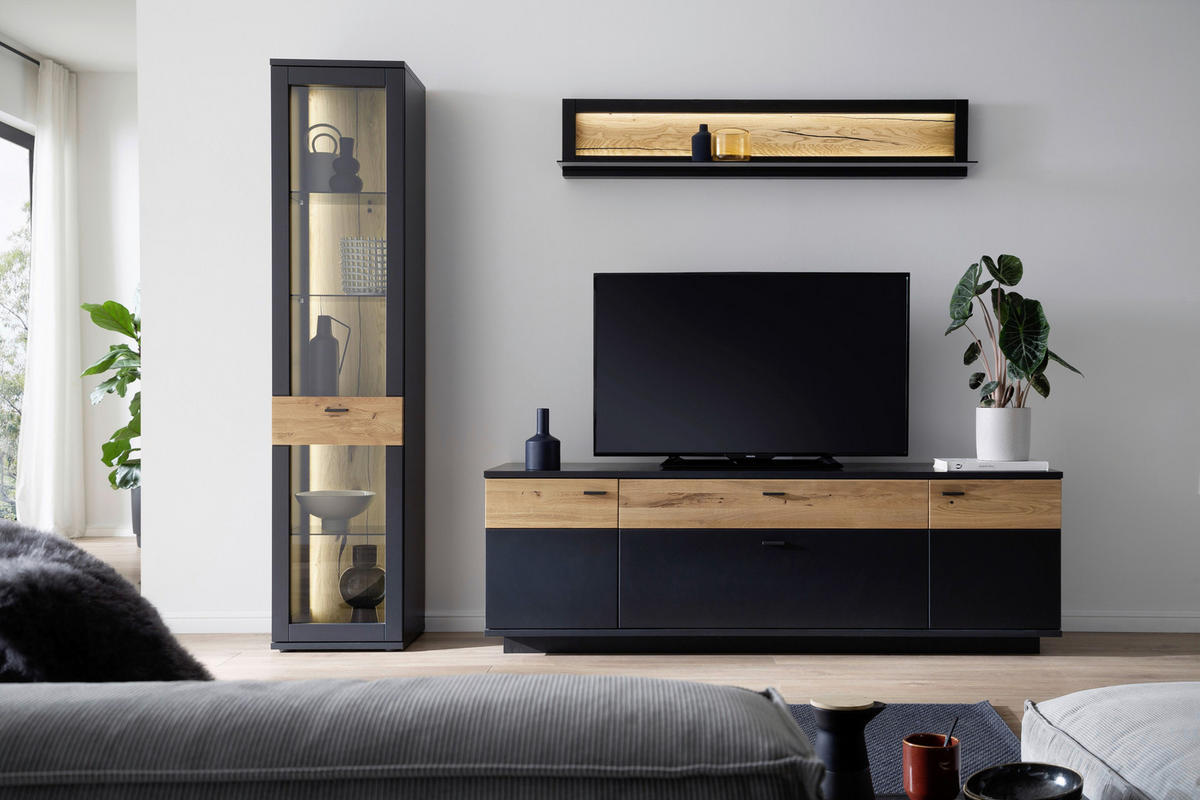 Set Mobilă Living, gri, stejar sălbatic, 250/201/50 cm - stejar sălbatic/negru, Design, sticlă/metal (250/201/50cm) - Novel