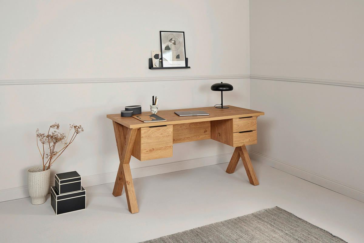 SCHREIBTISCH 146/59/76 cm  in Eichefarben  - Eichefarben/Anthrazit, Modern, Holzwerkstoff/Metall (146/59/76cm) - Livetastic