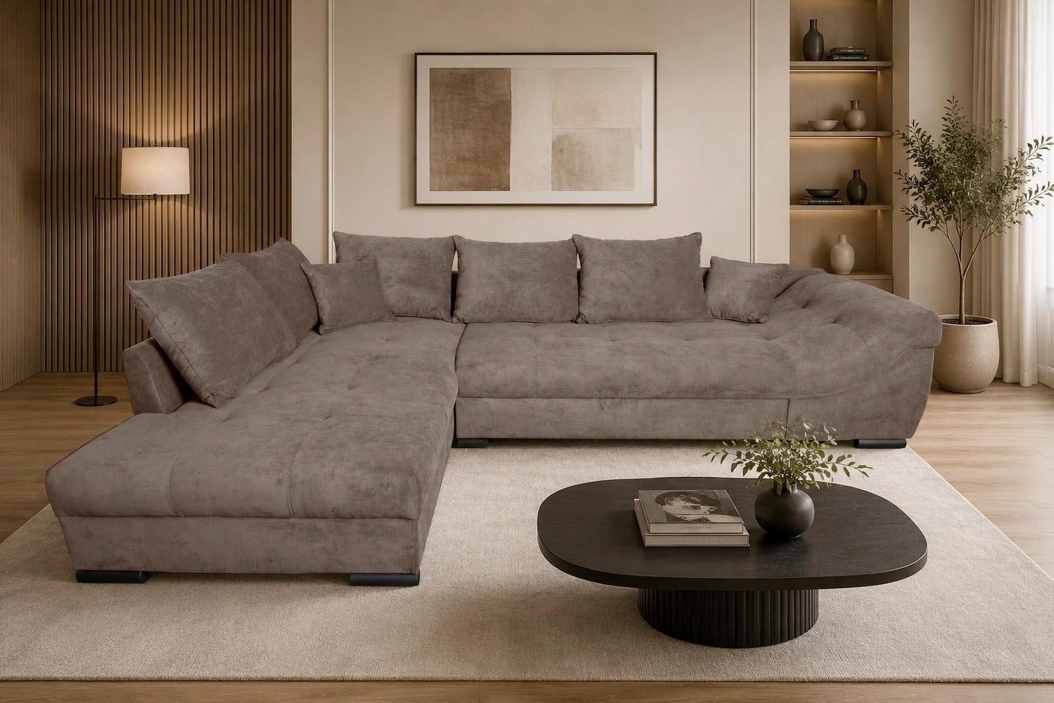 ECKSOFA ATLANTA Braun Struktur Liegefläche im Originalstoff  - Schwarz/Braun, Design, Textil/Metall (202/298cm) - MID.YOU
