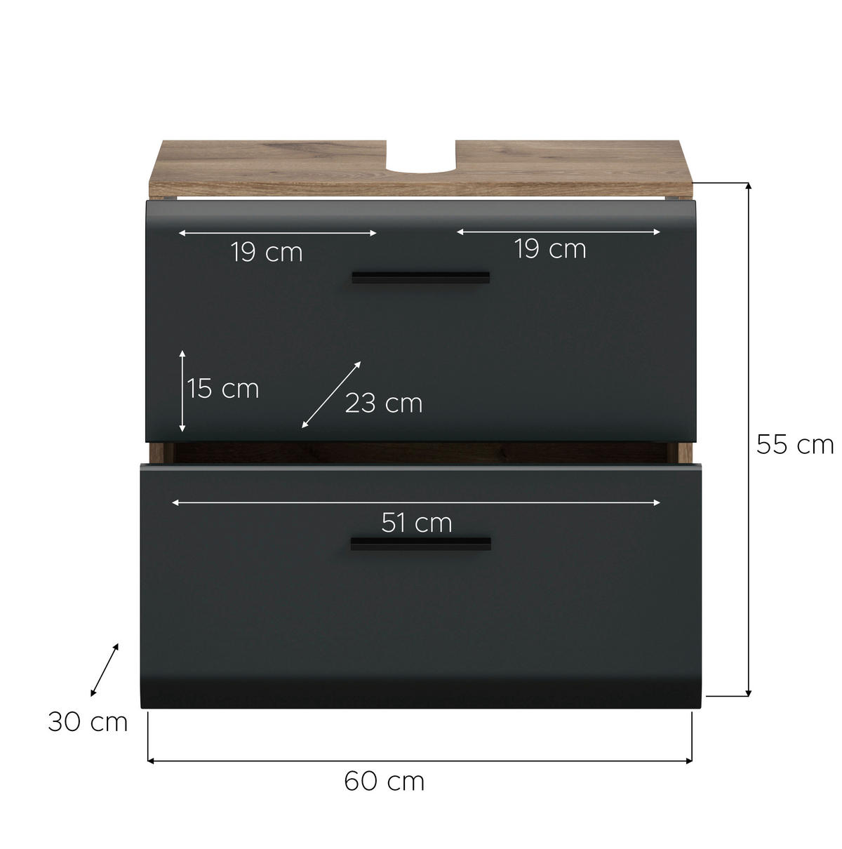 WASCHBECKENUNTERSCHRANK 60/55/30 cm  - Eiche dunkel/Schwarz, Basics, Holzwerkstoff/Kunststoff (60/55/30cm) - MID.YOU